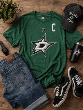 Adidas Dallas Stars Jamie Benn #14 NHL Green T-Shirt Size XL Cotton Hockey Tee